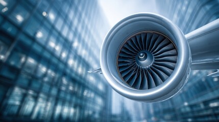 A close-up view of a jet engine highlighting intricate details of the turbine blades against a blurred modern city skyline during the day