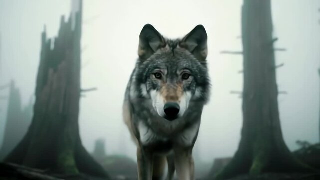 Lone Grey Wolf Slowly Walks Towards Camera In A Hauntingly Misty Dark Forest