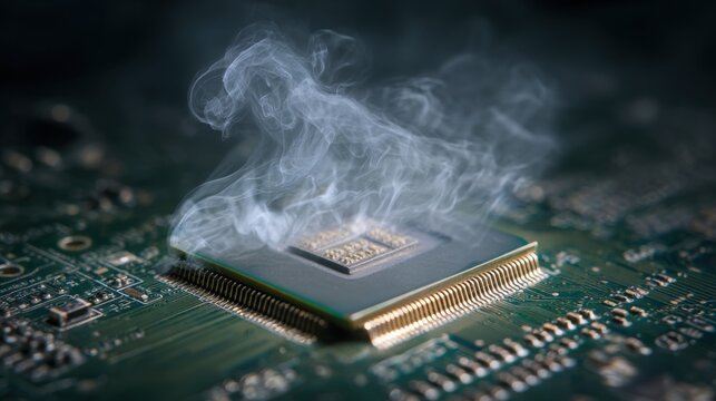 During an electronics repair session, smoke billows from a malfunctioning computer chip on a circuit board, indicating possible overheating or damage. The detailed circuitry is visible - Powered by Adobe