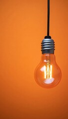 Vintage Edison Style Light Bulb Glowing Brightly with Filament, Set Against a Bold Orange Background