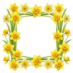 Fototapeta premium Square Frame of Cheerful Yellow Daffodils with Green Stems on White Background