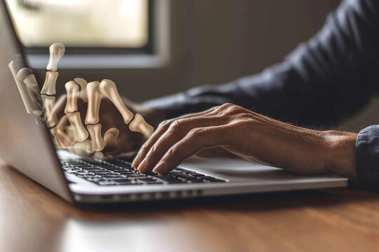 Hands typing on laptop keyboard with skeletal overlay showing bone structure