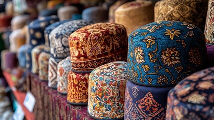 Traditional Muslim hats called taqiyah are sold in the Icheri Sheher market in Baku, Azerbaijan. The market is in the heart of the old town and is a popular tourist destination.