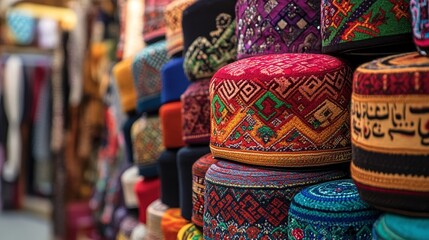 Traditional Muslim hats called taqiyah are sold in the Icheri Sheher market in Baku, Azerbaijan. The market is in the heart of the old town and is a popular tourist destination.