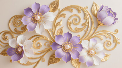 Floral Ornament with Golden Details and Pastel Color Tones