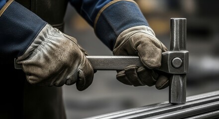 Steelworker using hammer on metal beam in industrial workshop  