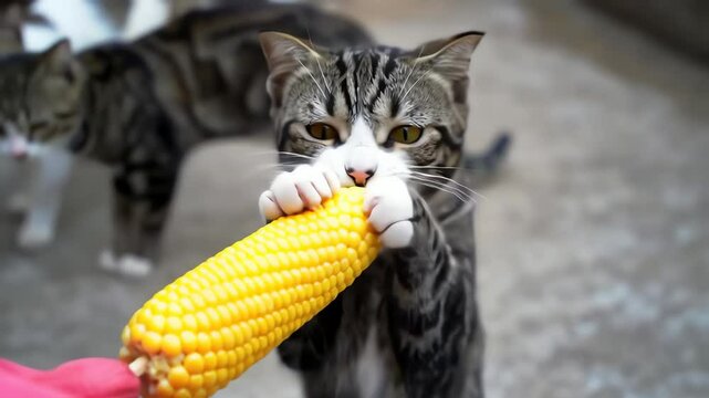 Adorable tabby cat comically nibbling fresh yellow corn on the cob held by a person outdoors