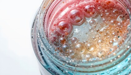 Close-up of a transparent cosmetic gel jar with bubbles inside, natural light, studio-style white backdrop