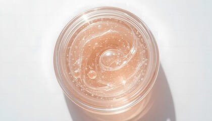 Close-up of a transparent cosmetic gel jar with bubbles inside, natural light, studio-style white backdrop