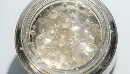 Close-up of a transparent cosmetic gel jar with bubbles inside, natural light, studio-style white backdrop