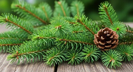 Lush green pine branch with a natural brown pinecone resting on a weathered wooden surface, symbolizing winter holiday decor.
