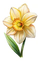 Obraz premium Detailed watercolor painting of a delicate daffodil with a single green leaf