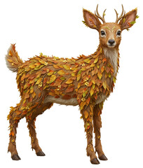 Enchanting deer covered in vibrant autumn leaves and small golden flowers