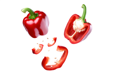 Red bell pepper exploding isolated on a white background png ai generated