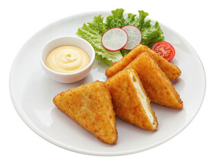 Crispy baked cheese triangles with a creamy dipping sauce and fresh salad