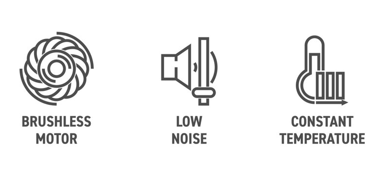 Hair Dryer icons - Brushless motor, Constant temperature, Low noise. in bold line