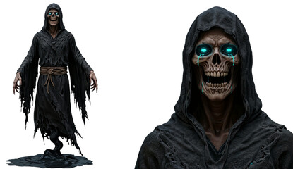 Spooky ghostly figure in a tattered robe with glowing eyes and skull face