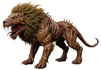 Terrifying horror lion creature with many eyes and exposed bones