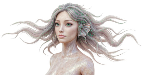 Beautiful mermaid portrait with flowing hair and shimmering scales