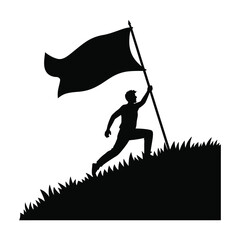 Silhouette of man planting a flag on a hill