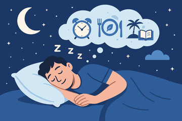 Peaceful Sleep Illustration. Vector illustration of sound sleep habits with peaceful sleeping position, night sky, and dream icons