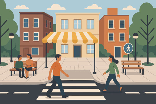 Pedestrian-Friendly City Block. Vector illustration of pedestrian-friendly city block with wide sidewalks, shaded crossings, curb