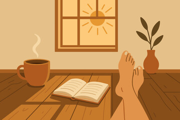 Weekend Slow Living. Vector illustration of weekend slow living: sun through window, tea, book, barefoot on reclaimed floor, with