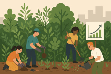 Urban Micro-Forest Event. Vector illustration of urban micro-forest planting event with tight biodiversity mix, maintenance