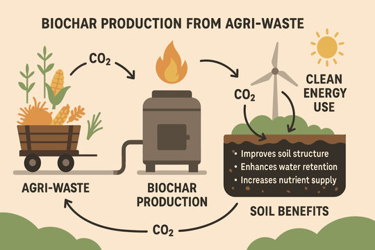 Biochar Production Cycle. Vector illustration of biochar production from agri-waste with carbon cycle arrows, soil benefit notes,