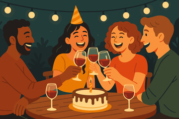 Birthday Dinner Toast. Vector illustration of group of friends toasting at a birthday dinner with string lights, wine glasses, and