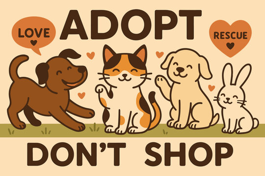 Rescue Pets Poster. Vector illustration of “Adopt, don’t shop” campaign poster with rescue pets in playful poses and loving