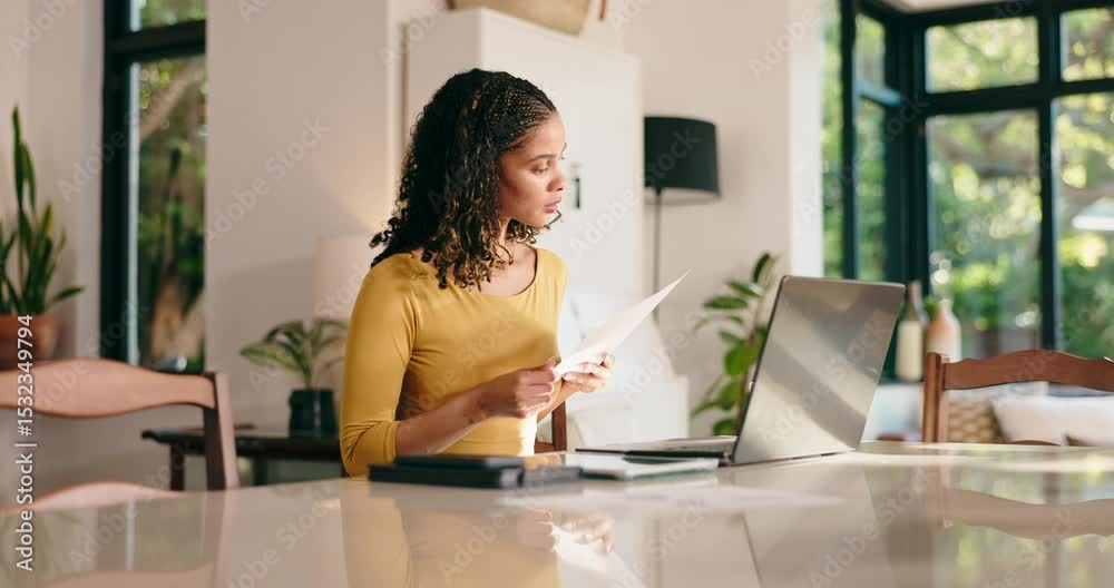 Aufkleber paperwork, remote work and woman on laptop in home for website review, seo research and analytics. f