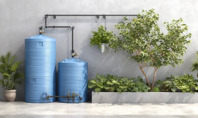 Modern Water Tank System in a Lush Garden Setting
