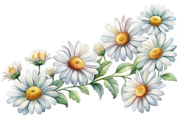 Obraz premium Watercolor Daisies Border with Green Leaves on a White Background Illustration