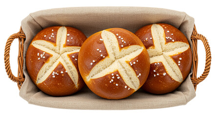 Delicious golden brown pretzel rolls with salt in a rustic basket