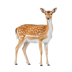 Fototapeta premium Graceful deer with spotted coat stands alertly, showcasing its elegant posture and gentle expression against plain background