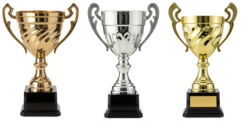 Collection of bronze, gold and silver winner trophies with shiny metal cups