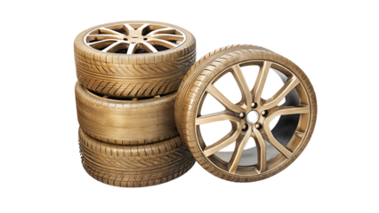 Stack of gold alloy wheels isolated on a white background png ai generated