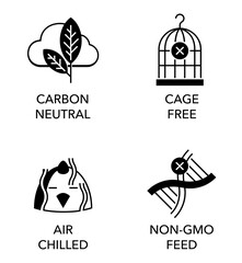 Chicken meat icons - Air chilled, Non-GMO feed, Carbon neutral, Cage free, in monochrome style