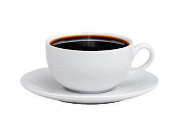 Steaming cup of black coffee sits in white ceramic cup on matching saucer, exuding warmth and inviting relaxation