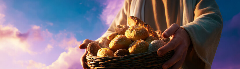 closeup, hands holding basket with bread	

