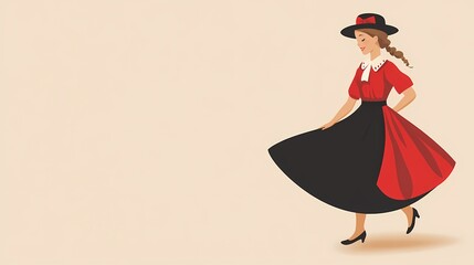 Swiss girl in black and red Thurgau dress, simple cartoon, soft beige background