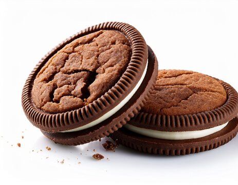 sandwich chocolate cookies with a sweet cream with crumbs isolated on white background