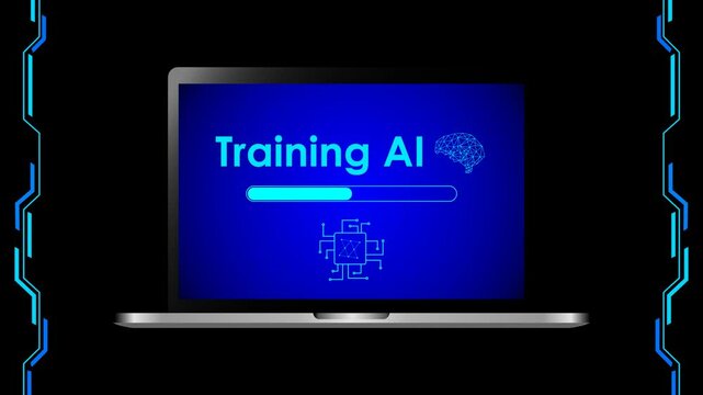 Developing Custom AI on Laptop, Artificial Intelligence Agent Training, Machine Learning, Neural Network, Technology Concept animation