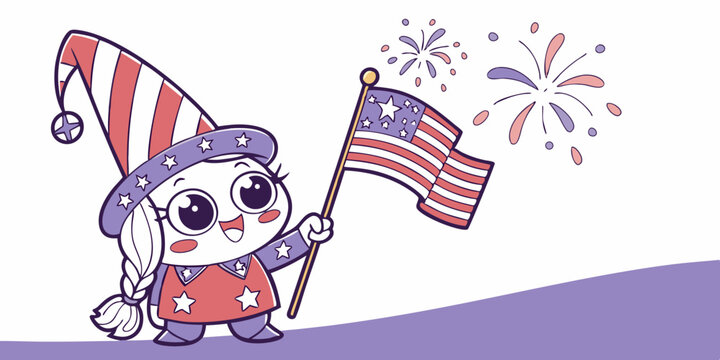Cute gnomes girl holding fireworks, American flag, Celebrating of 4th of July celebrations independence day   vector clipart in purple white background vector illustration.
