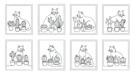 Cat with potted cactus plant line art drawings
