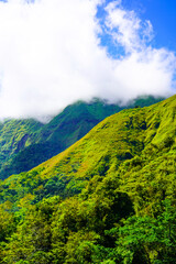 Obraz premium Panoramic view of green landscape with mountains, blue sky and white clouds from Selong Hill, Sembalun, Lombok, West Nusa Tenggara, Indonesia.