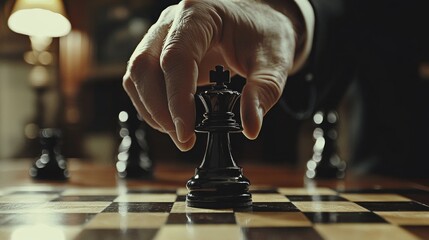 A close-up picture shows a hand in a suit moving a black chess king on a table. The photo has a vintage look.