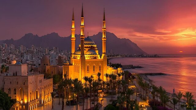 Majestic Mohammad Al-Amin Mosque at sunset in Beirut, Lebanon - Aerial View