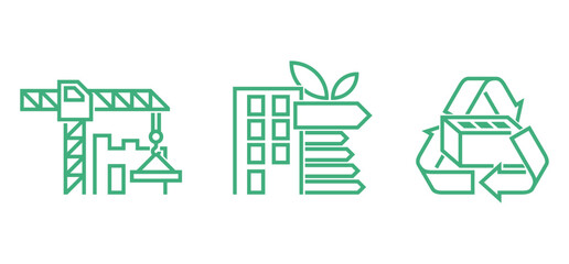 Green house icons - recyclable materials, lean construction, energy-efficient building. in bold line